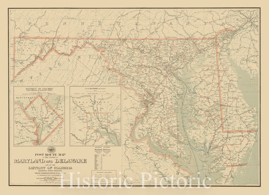 Historical Map, 1897 Post Route map of The States of Maryland and Delaware and of The District of Columbia Showing Post Offices with The Intermediate Distances, 1897, Vintage Wall Art