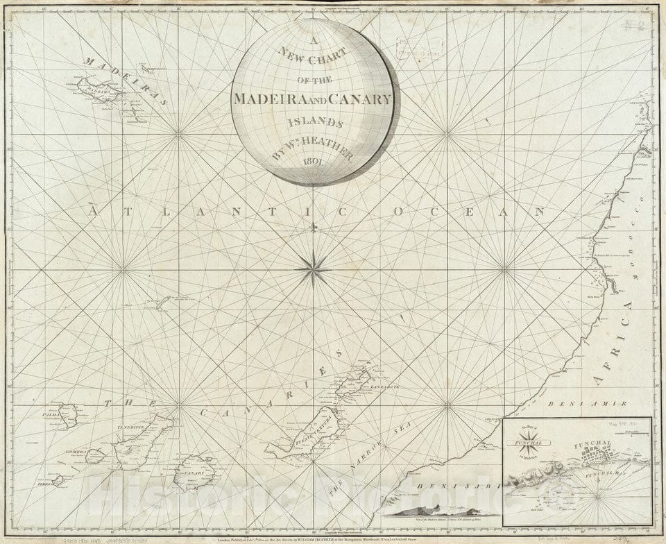 Historical Map, 1801 A New Chart of The Madeira and Canary Islands, Vintage Wall Art