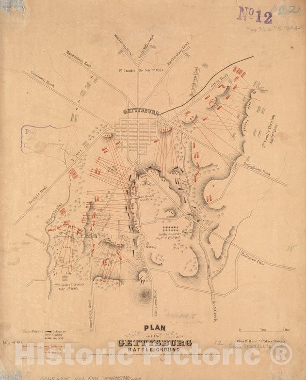 Historical Map, ca. 1864 Plan of The Gettysburg Battle Ground, Vintage Wall Art