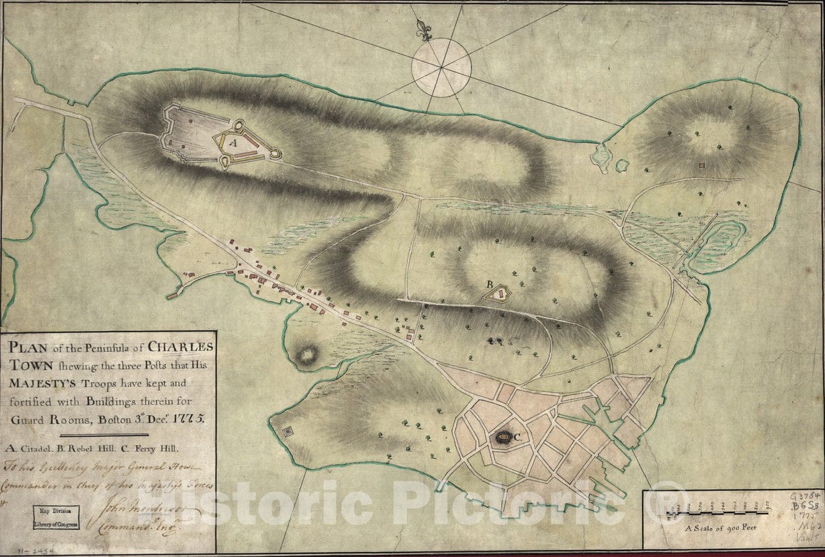 Historical Map, 1775 Plan of The Peninsula of Charles Town shewing The Three Posts That His Majesty's Troops Have Kept and Fortified with Buildings therein, Vintage Wall Art