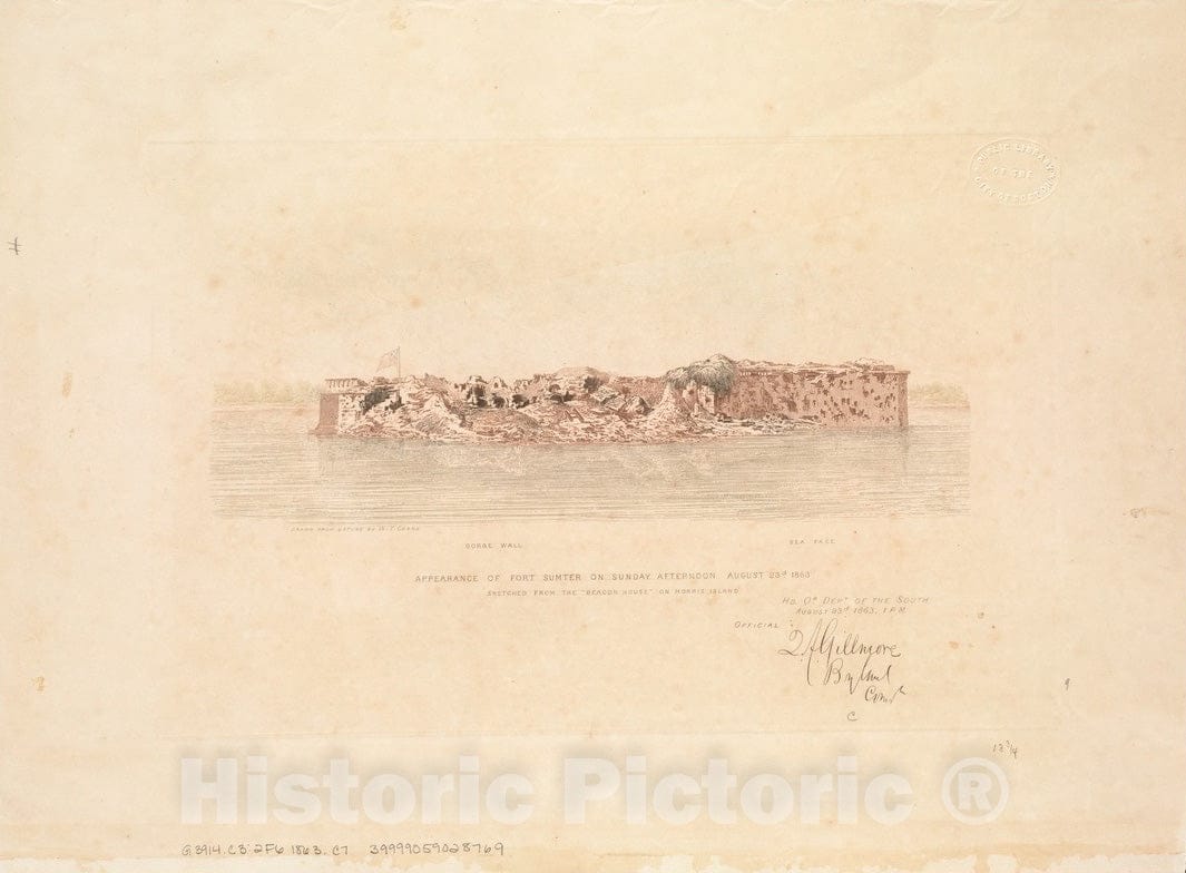Historical Map, Appearance of Fort Sumter on Sunday Afternoon, August 23d, 1863 : Sketched from The 'Beacon House' on Morris Island, Vintage Wall Art