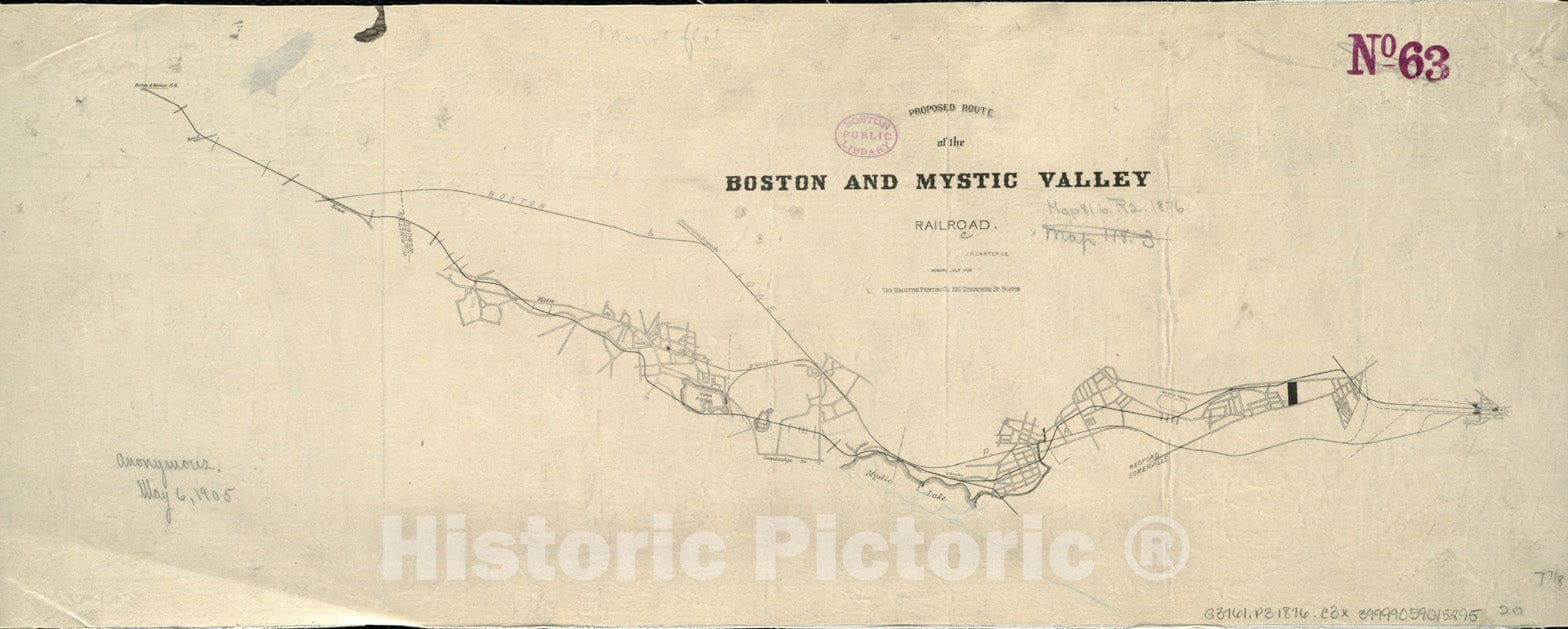 Historical Map, 1876 Proposed Route of The Boston and Mystic Valley Railroad, Vintage Wall Art