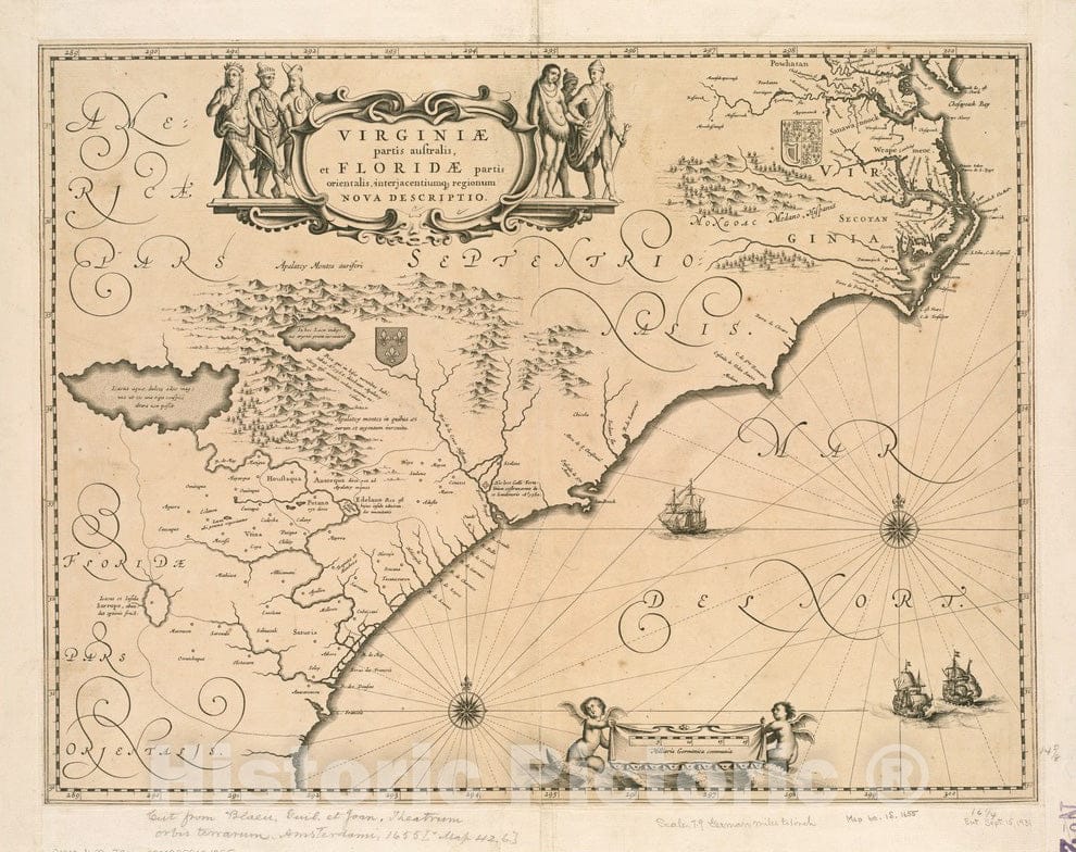 Historical Map, 1639-1666 Virginiae partis australis et Floridae partis orientalis, interjacentium[que] regionum nova descriptio, Vintage Wall Art