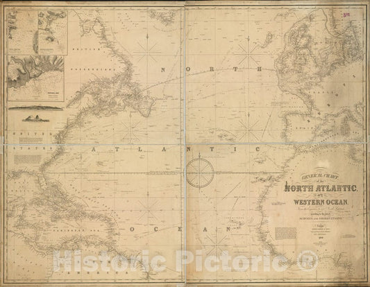 Historical Map, 1859 General Chart, of The North Atlantic, or Western Ocean, from The Equator to 62AÂ° North Latitude, According to The Latest, surveys and observations, Vintage Wall Art