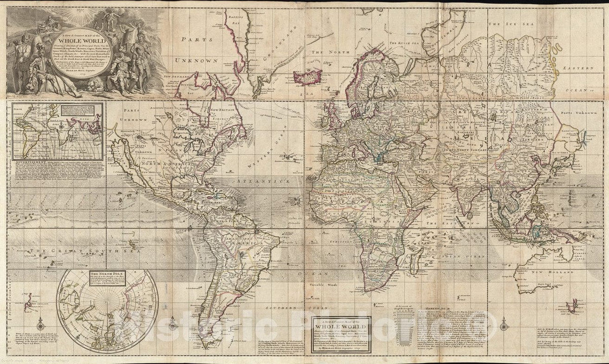 Historical Map, 1719 A new & correct map of the whole world : shewing ye situation of its principal parts, Vintage Wall Art