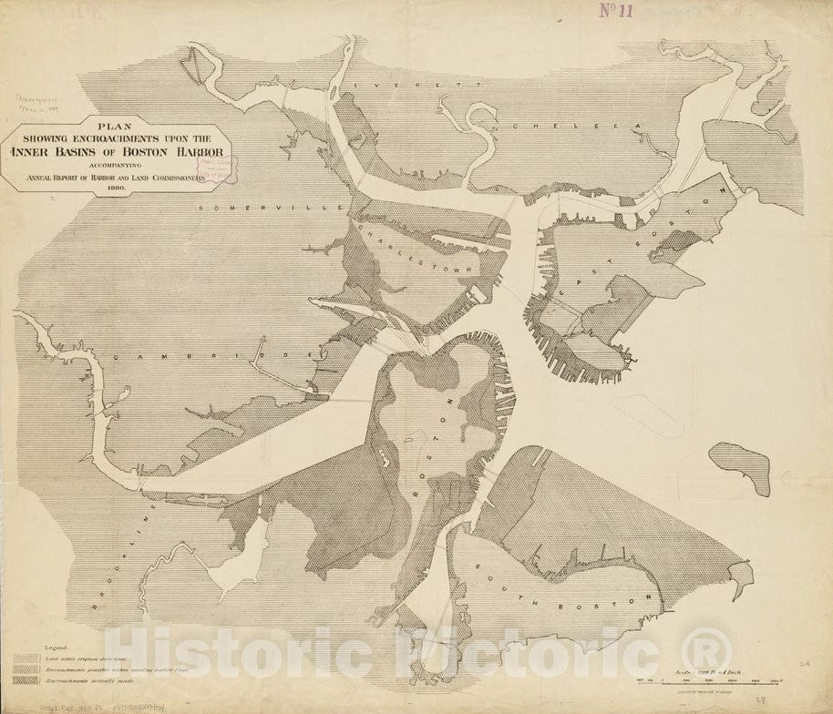 Historical Map, Plan Showing encroachments Upon The Inner basins of Boston Harbor : accompanying Annual Report of Harbor and Land Commissioners, 1880, Vintage Wall Art