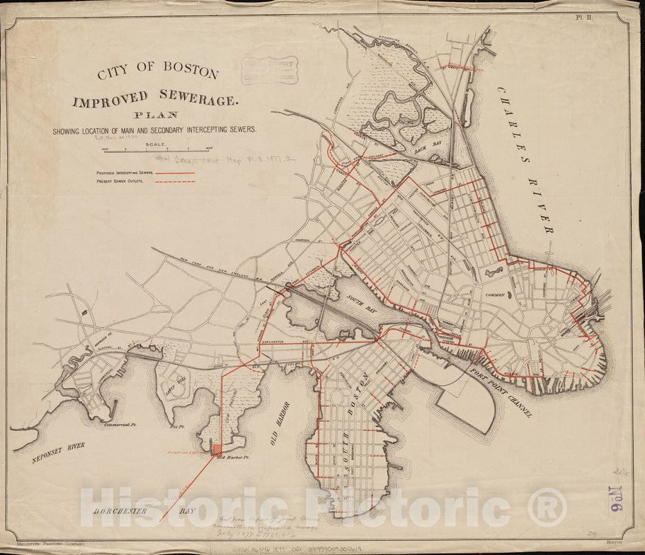 Historical Map, 1877 City of Boston Improved Sewerage : Plan Showing Location of Main and Secondary intercepting sewers, Vintage Wall Art