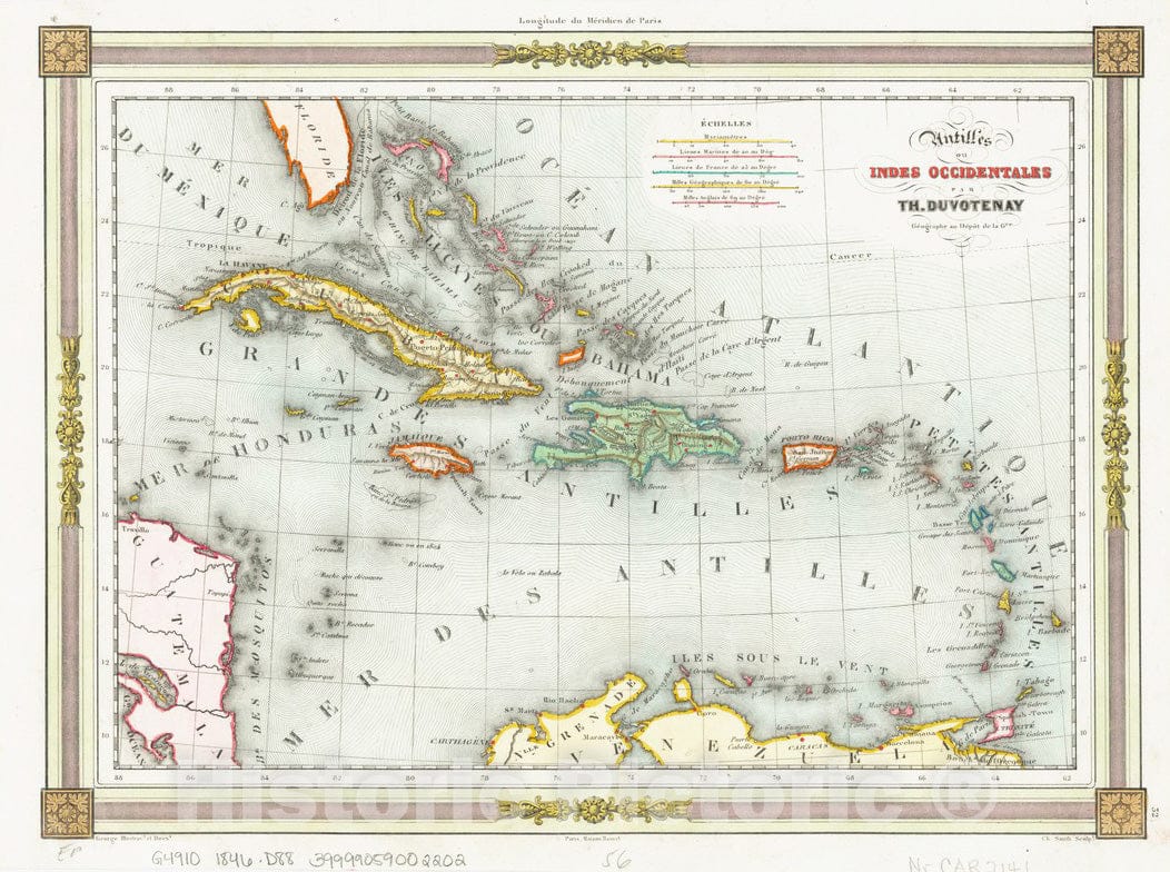 Historical Map, 1846 Antilles ou Indes Occidentales, Vintage Wall Art