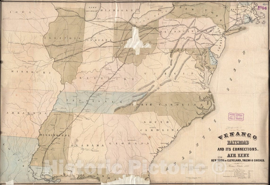 Historical Map, 1853 Venango Railroad and its Connections, air line from New York to Cleveland, Toledo & Chicago, Vintage Wall Art