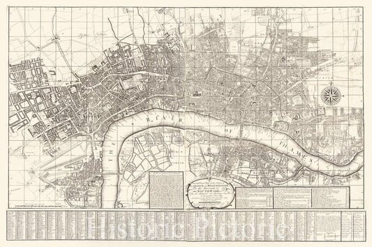 Historical Map, 1735 A New and Exact Plan of The city's of London and Westminster, The Borough of Southwark : and The Additional New Buildings, Churches, Vintage Wall Art