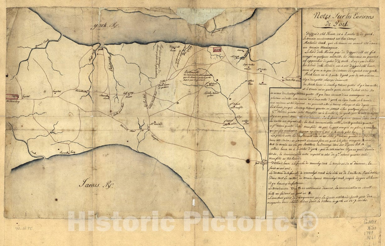 Historical Map, 1781 Notes sur les Environs de York, Vintage Wall Art