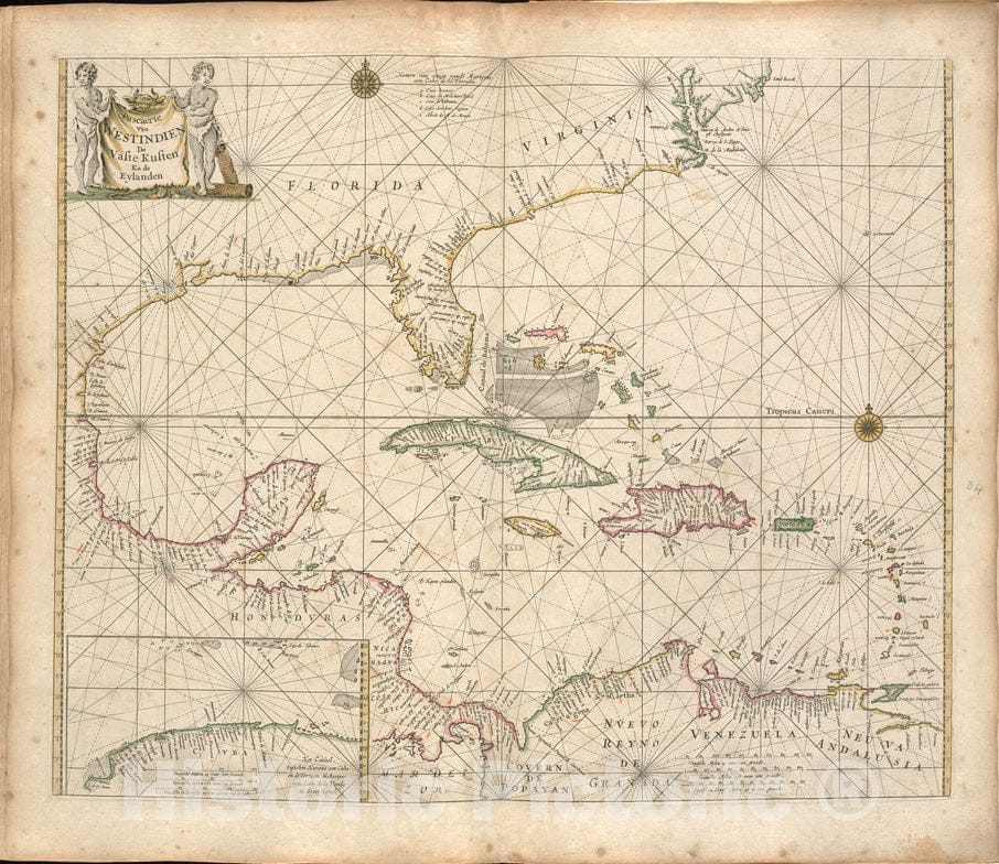 Historical Map, 1672 Pascaerte Van Westindien de Vaste Kusten en de Eylanden, Vintage Wall Art