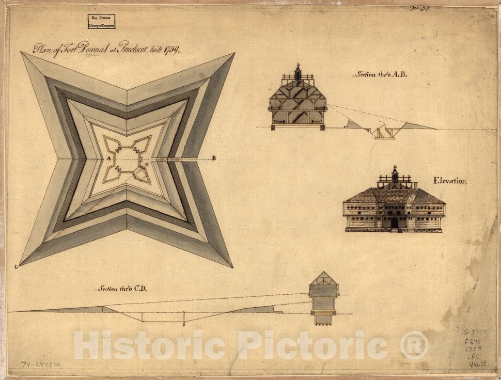 Historical Map, Plan of Fort Pownal at Penobscot Built 1759, Vintage Wall Art