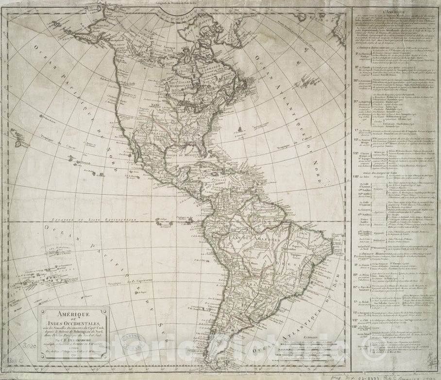 Historical Map, 1792 AmeIrique ou Indes Occidentales, avec les nouvelles deIcouvertes du Capit'e Cook, Depuis le DeItroit de Behrings ou du Nord, Vintage Wall Art