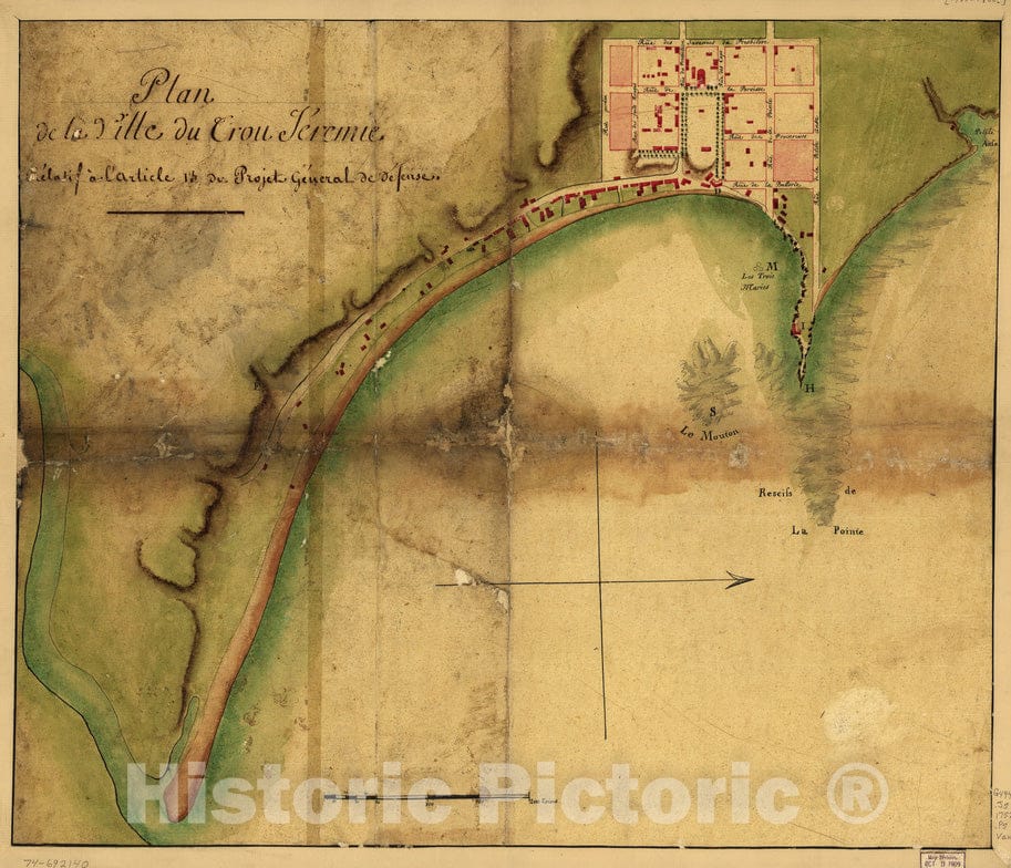 Historical Map, 1752 Plan de la Ville du Trou JeIremie : reILatif a l'article 13 du Projet geIneral de deIfense, Vintage Wall Art