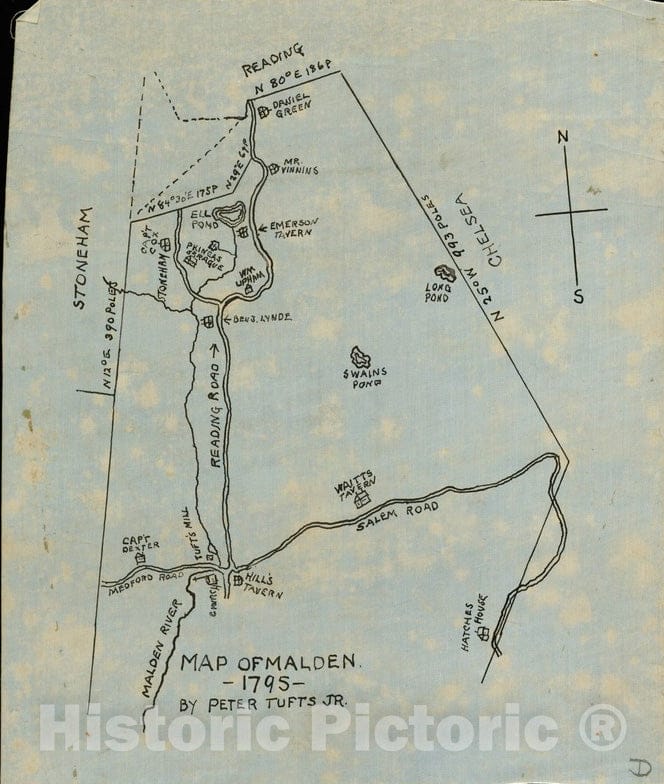 Historical Map, Map of Malden, 1795, Vintage Wall Art
