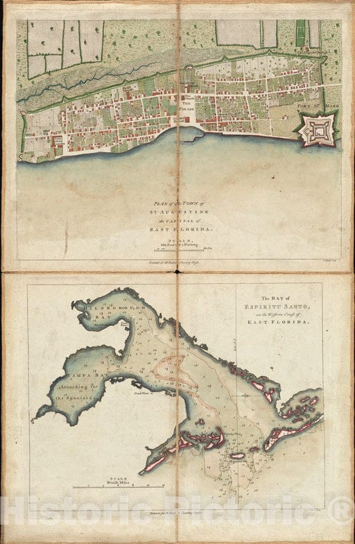 Historical Map, 1777 Plan of The Town of St. Augustine, The Capital of East Florida ; The Bay of Espiritu Santo, on The Western Coast of East Florida, Vintage Wall Art