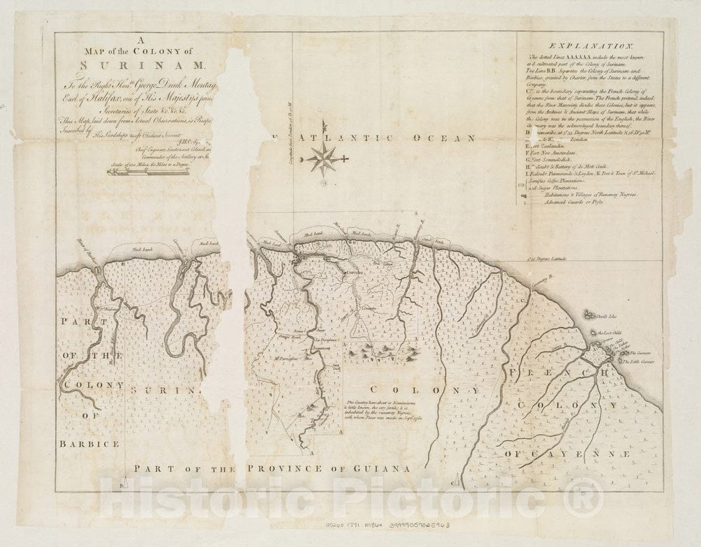 Historical Map, 1771 A Map of the Colony of Surinam : to the Right Honble. George Dunk Montague, Earl of Halifax, Vintage Wall Art