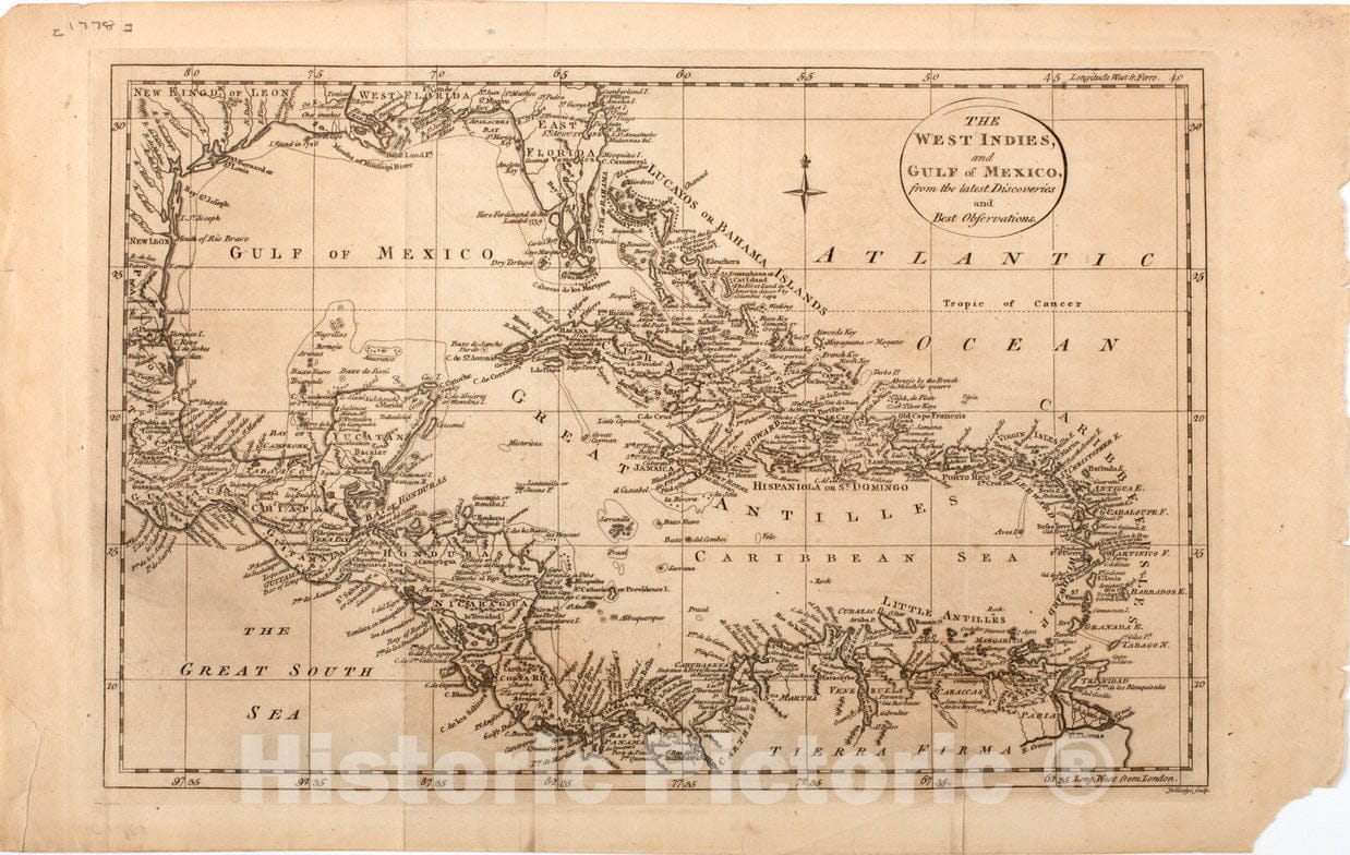 Historical Map, 1778 The West Indies, and Gulf of Mexico, from the latest discoveries and best observations, Vintage Wall Art