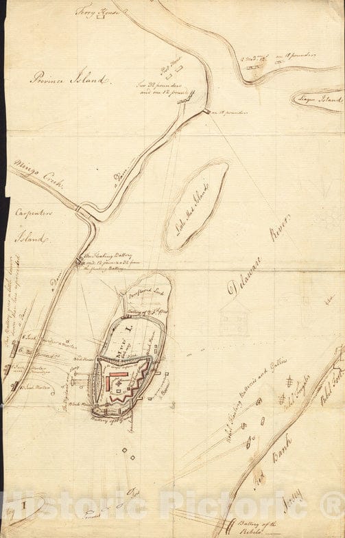 Historical Map, 1777 [Map of the Siege of Mud Island Fort], Vintage Wall Art