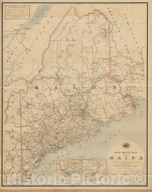 Historical Map, 1888 Post Route map of The State of Maine Showing Post Offices with The Intermediate Distances and Mail Routes in Operation on The 1st of October 1891, Vintage Wall Art