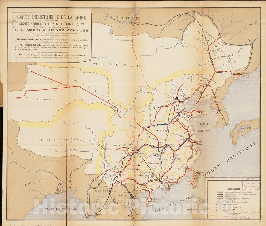 Historical Map, 1885 Carte industrielle de la Chine : contenant les lignes ferreIes & lignes teIleIgraphiques construites, conceIdeIes & probables, Vintage Wall Art