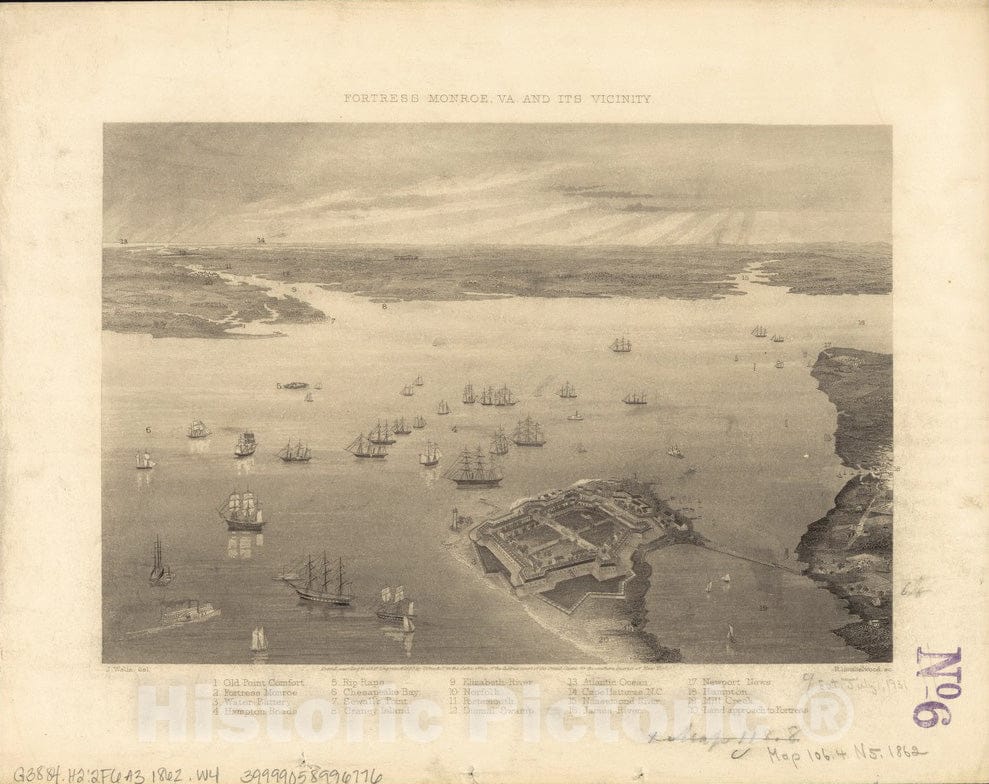 Historical Map, ca. 1862 Fortress Monroe, Va. and its Vicinity, Vintage Wall Art
