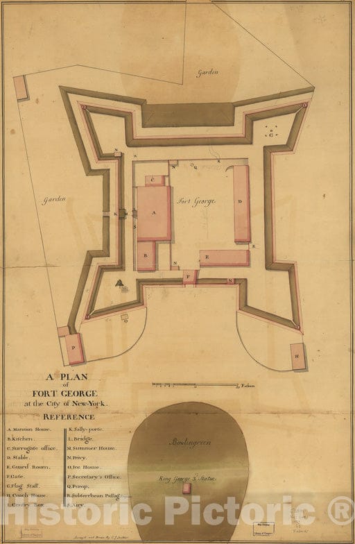 Historical Map, 1773 A Plan of Fort George at The City of New-York, Vintage Wall Art