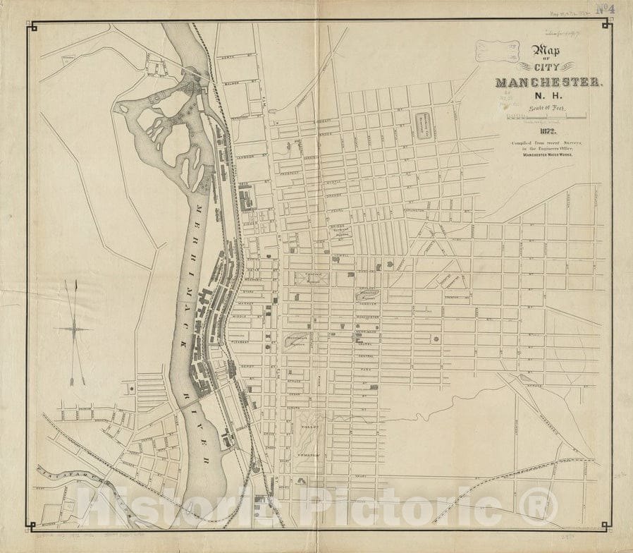Historical Map, 1872 Map of The City of Manchester, N.H, Vintage Wall Art