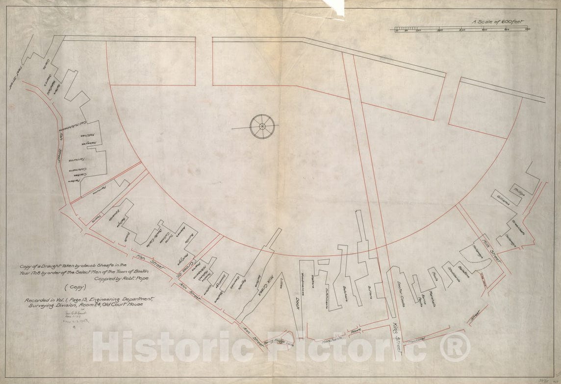 Historical Map, 1900 [Plan Showing Wharves of Boston from Batterymarch Street to Fleet Street and 'The Circular line' Barricado, with The South, Middle and North Gaps], Vintage Wall Art