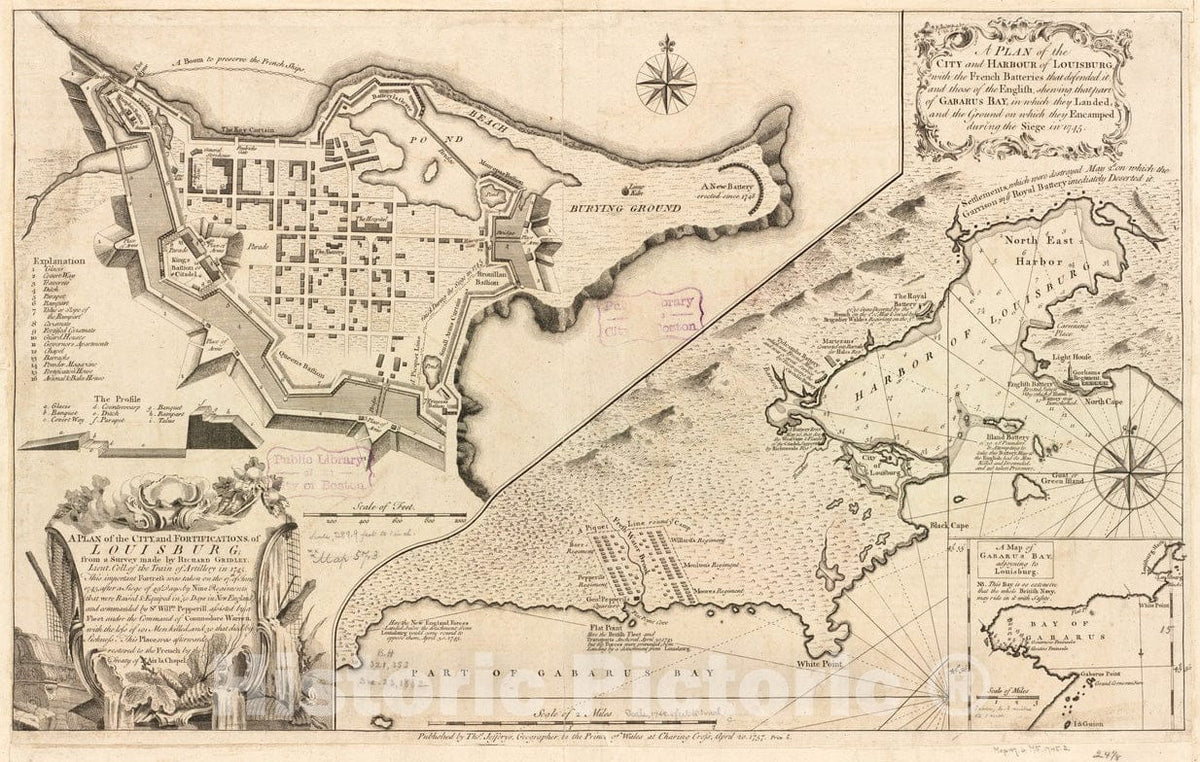 Historical Map, 1757 A Plan of the city, and fortifications, of Louisburg, Vintage Wall Art