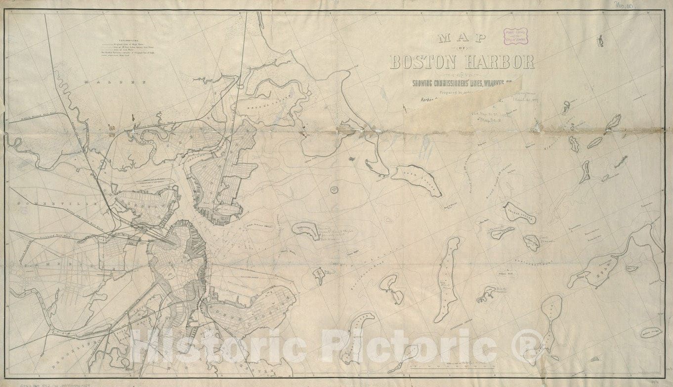 Historical Map, 1852 Map of Boston Harbor : Showing commissioners' Lines, Wharves et Cetera, Vintage Wall Art