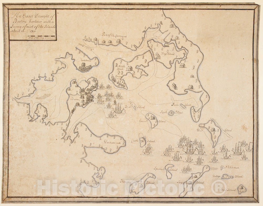 Historical Map, 1711 an Exact Draught of Bostone Harbour, with a Survey of Most of The Islands About it, Vintage Wall Art