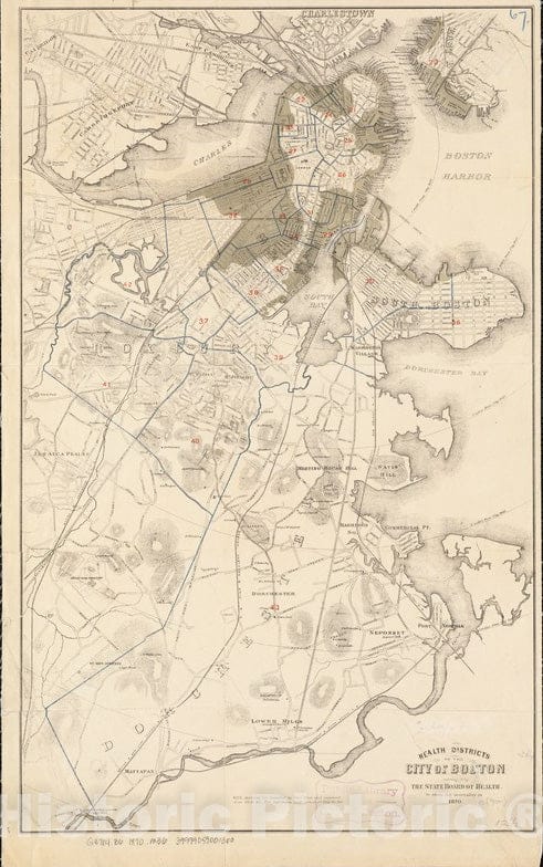 Historical Map, 1870 Health districts of The City of Boston, Vintage Wall Art