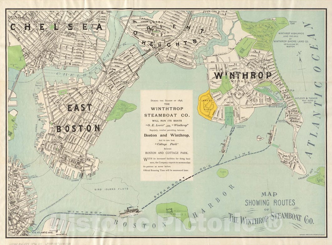 Historical Map, ca. 1896 Map Showing The Routes of The Winthrop Steamboat Co, Vintage Wall Art