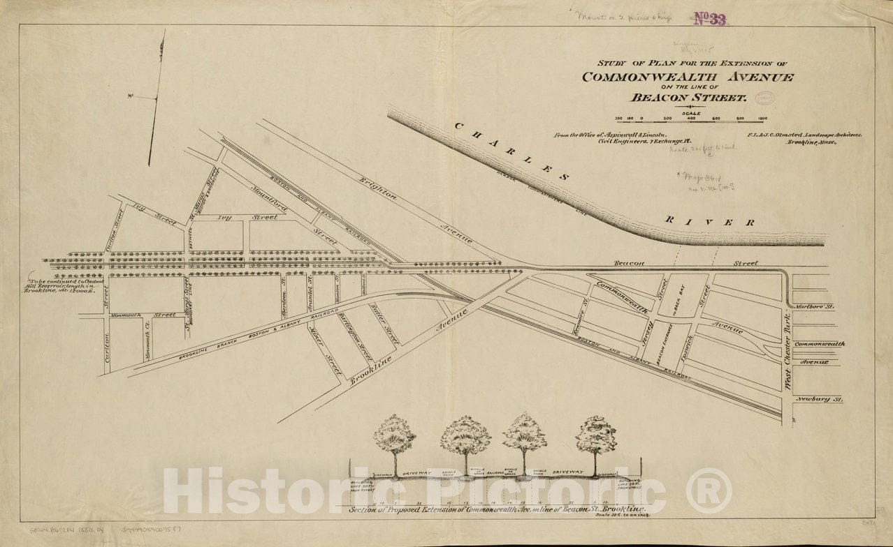 Historical Map, 1880-1889 Study of Plan for the extension of Commonwealth Avenue on the line of Beacon Street, Vintage Wall Art