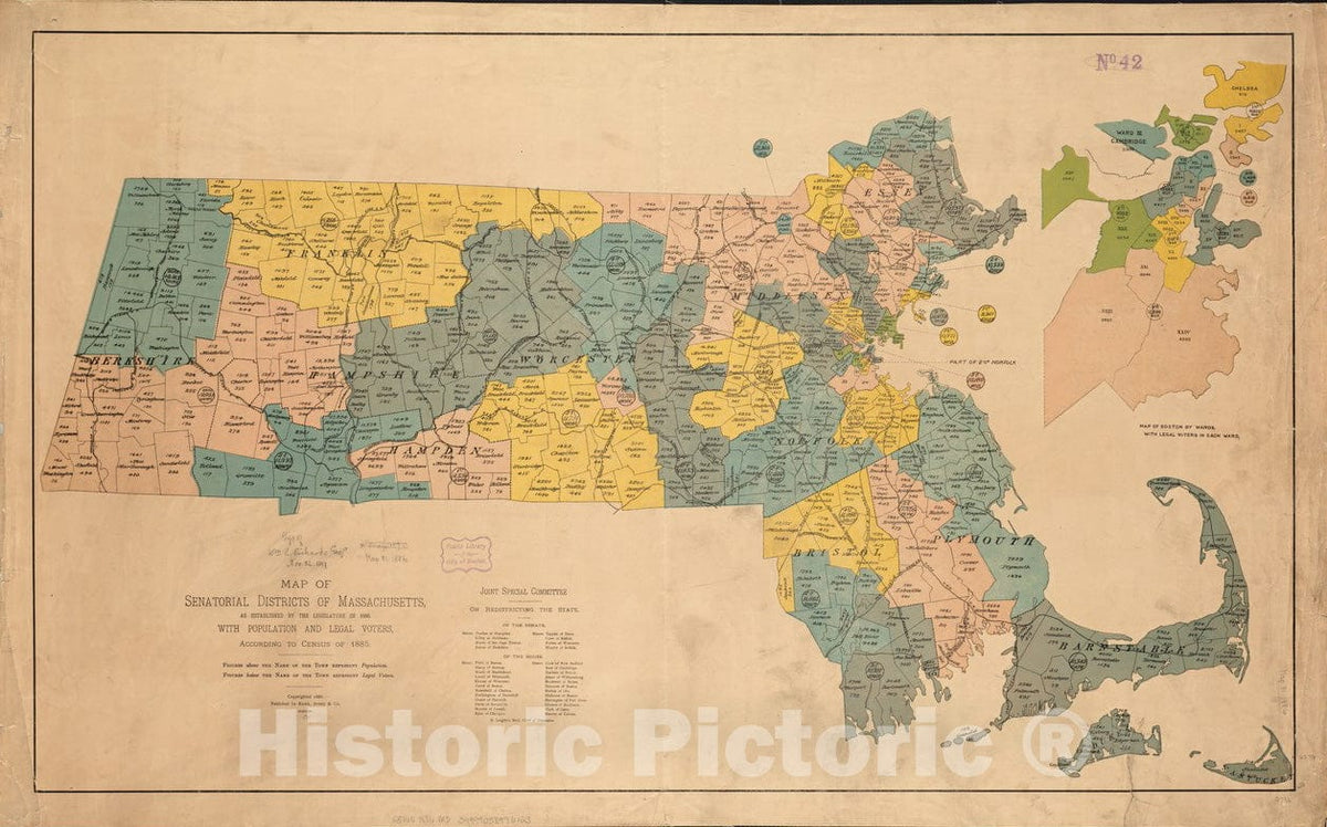 Historical Map, 1886 Map of senatorial districts of Massachusetts: with population and legal voters according to census of 1885, Vintage Wall Art