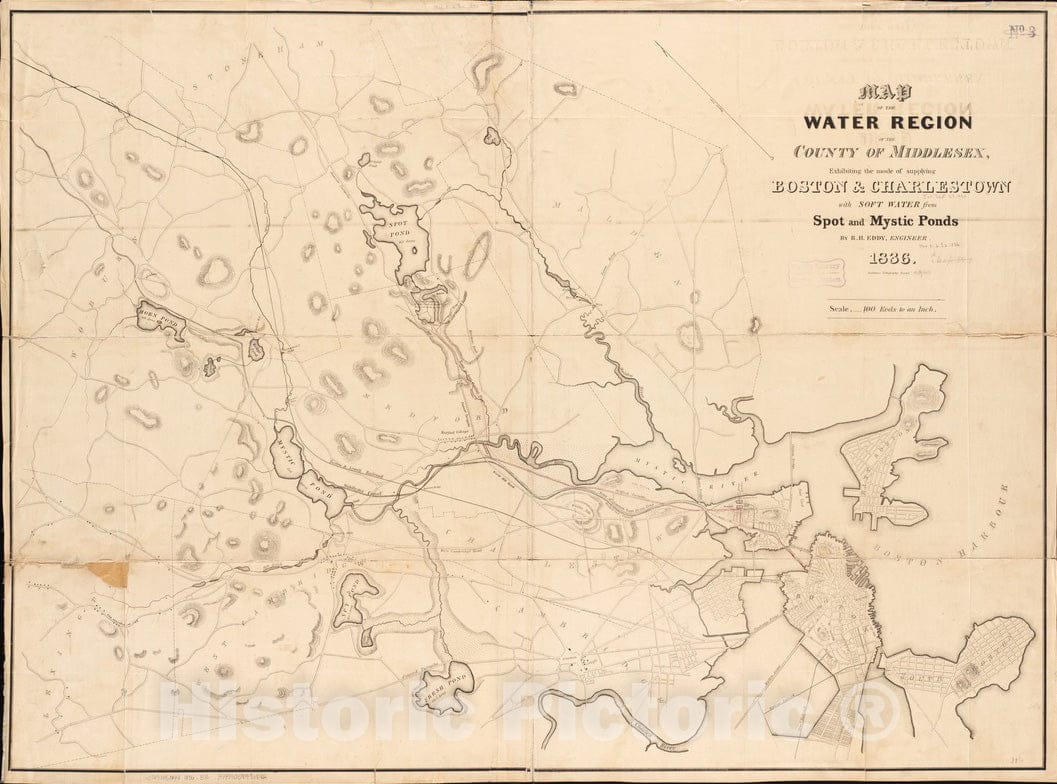 Historical Map, 1836 Map of The Water Region of The County of Middlesex exhibiting The Mode of Supplying Boston & Charlestown with Soft Water from Spot and Mystic Ponds, Vintage Wall Art
