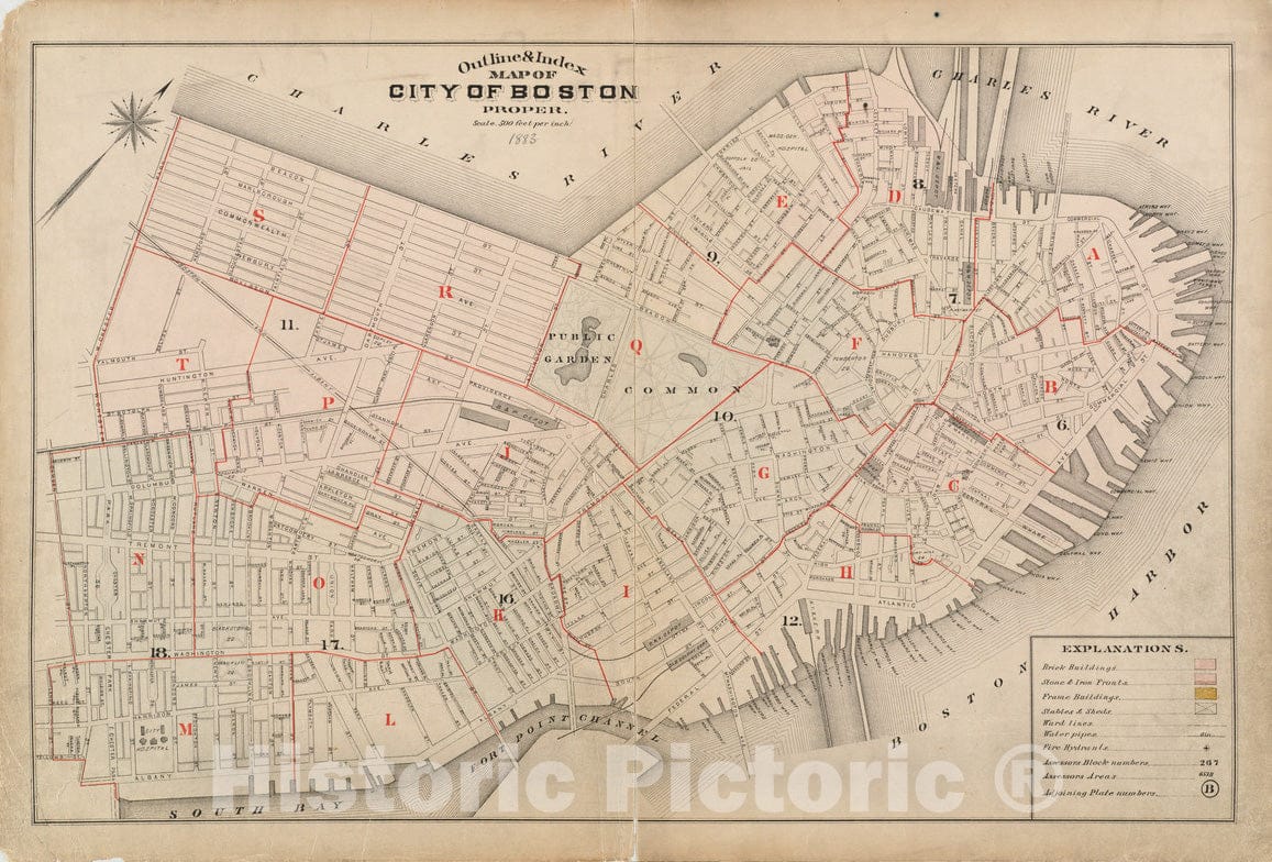 Historical Map, 1883 Outline & Index map of City of Boston Proper, Vintage Wall Art