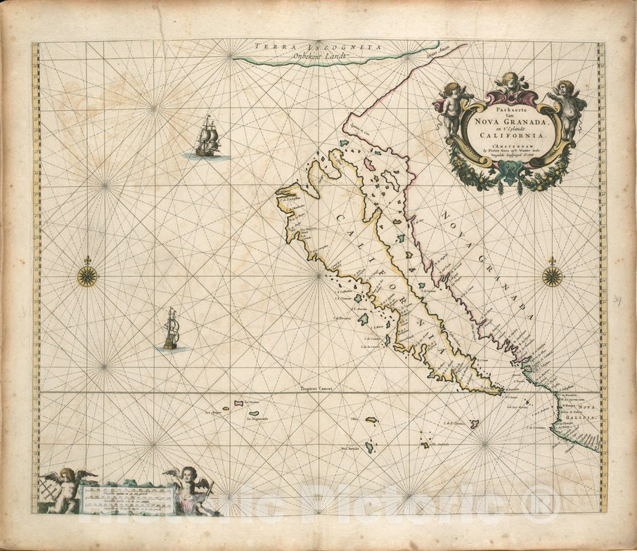 Historical Map, 1672 Paskaerte van Nova Granada en t'Eylandt California, Vintage Wall Art