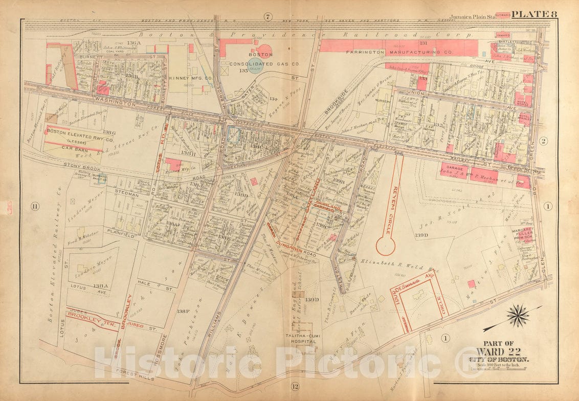 Historical Map, 1924 Atlas of The City of Boston, West Roxbury : Plate 8, Vintage Wall Art