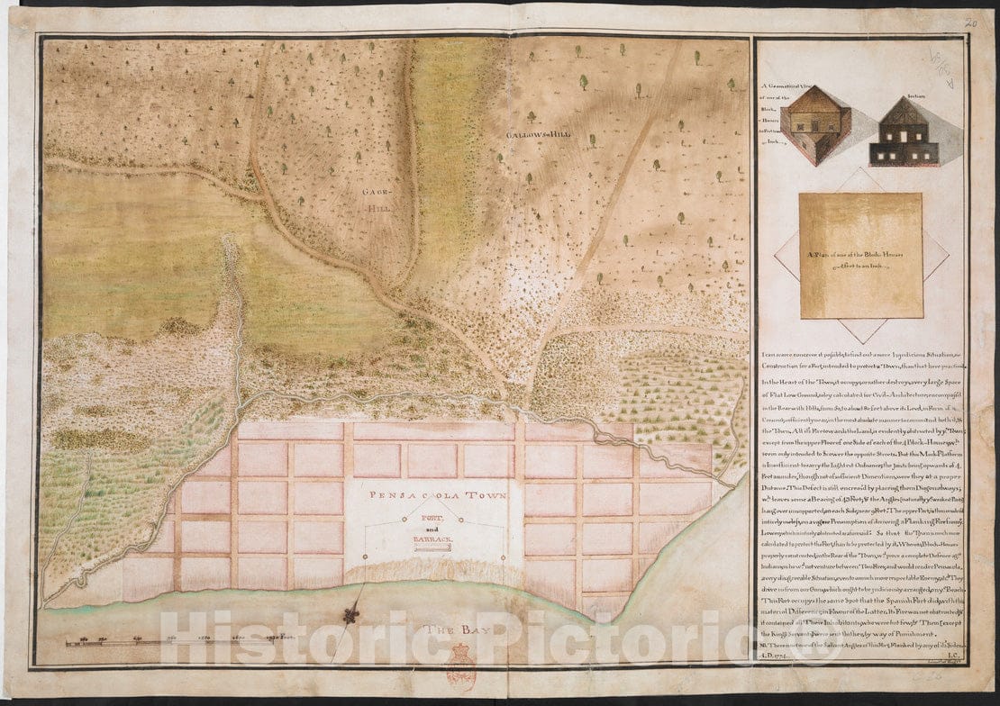 Historical Map, 1774 Pensacola Town, Fort, and Barrack, Vintage Wall Art