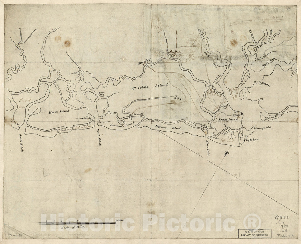 Historical Map, Sketch of The Coast from South Edisto to Charles Town, 1st March 1780, Vintage Wall Art