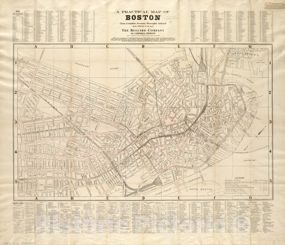 Historic Map : A practical map of Boston ... with a reproduction of Bonner's famous old map of Boston, dated 1722 .., 1900 , Vintage Wall Art