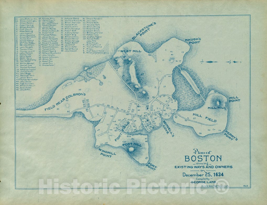 Historical Map, Plan of Boston Showing existing Ways and Owners on December 25, 1634, Vintage Wall Art