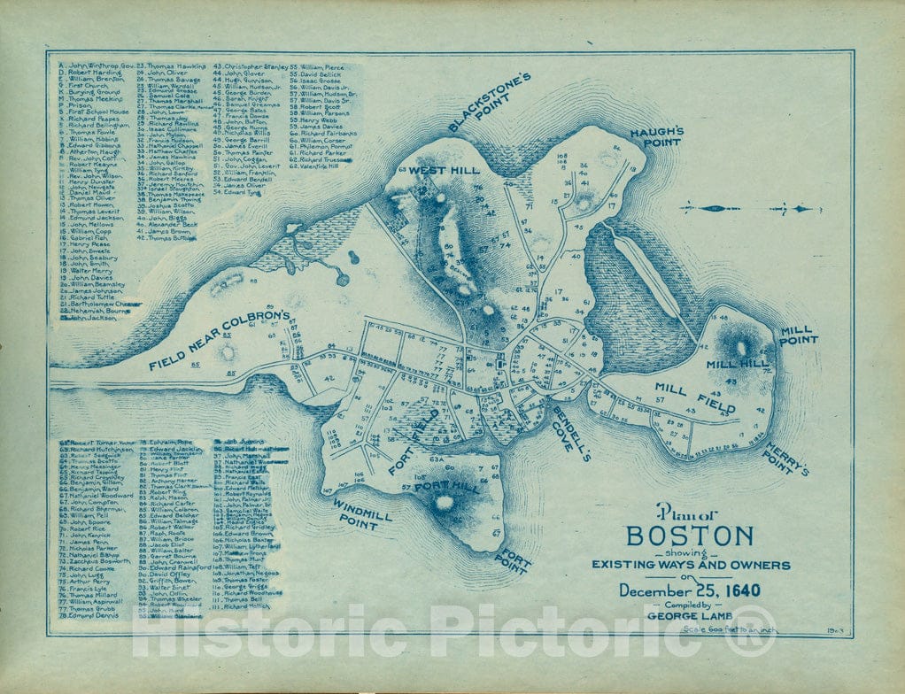 Historical Map, Plan of Boston Showing existing Ways and Owners on December 25, 1640, Vintage Wall Art : 5134571
