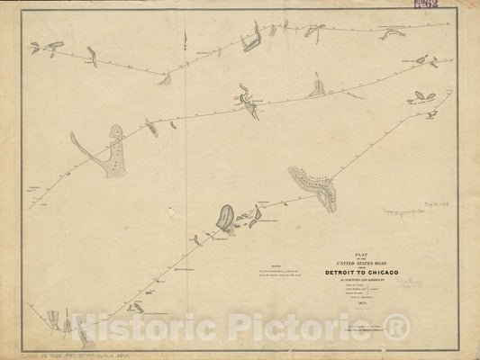 Historical Map, 1825 Plat of The United States Road from Detroit to Chicago [Sheet 3], Vintage Wall Art