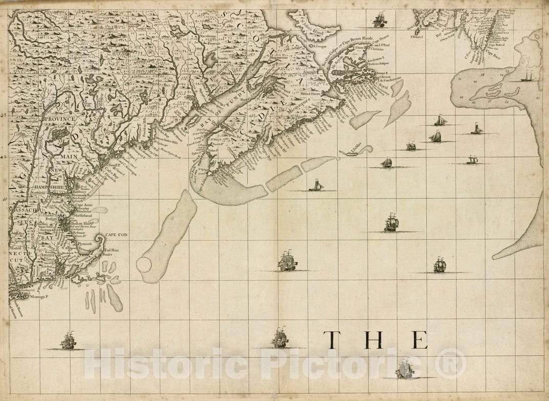 Historical Map, 1733 A map of The British Empire in America with The French and Spanish settlements Adjacent thereto [Sheet 7], Vintage Wall Art