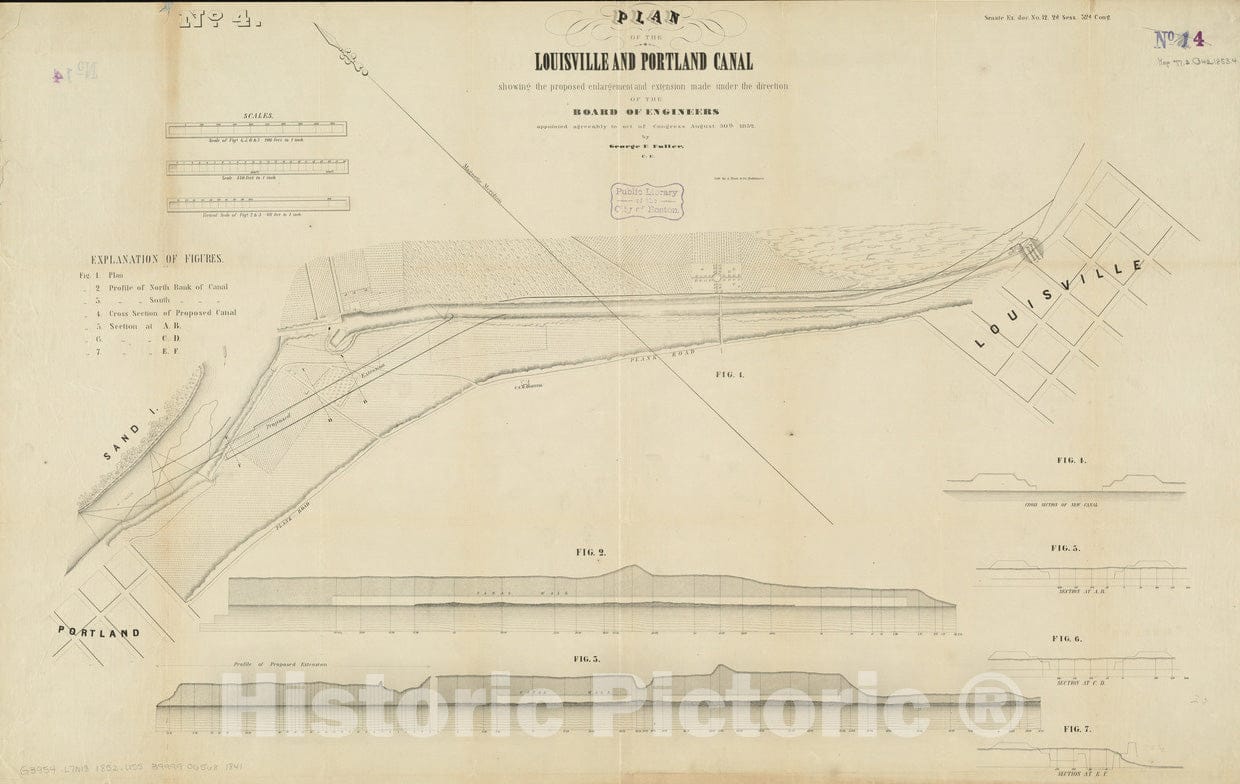 Historical Map, 1852 Plan of The Louisville and Portland Canal, Vintage Wall Art