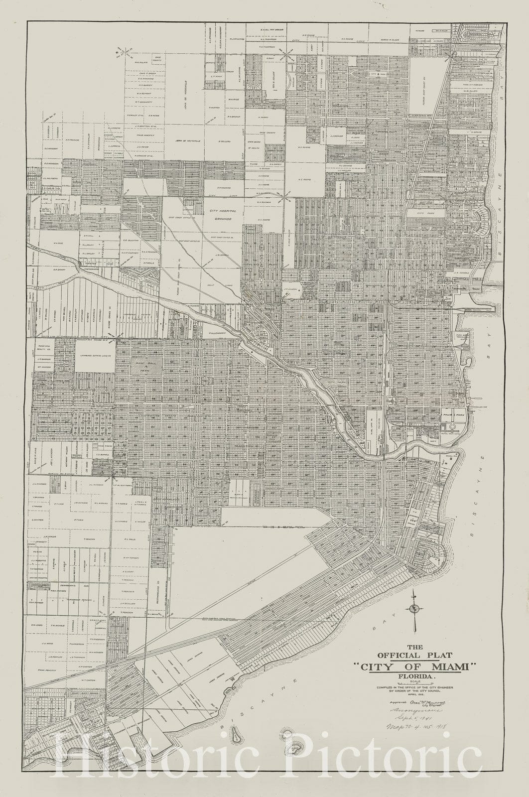 Historical Map, 1918 The official plat 'City of Miami,' Florida, Vintage Wall Art